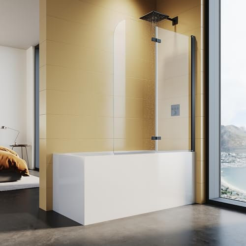 SUNXURY Pannello doccia per vasca da bagno, 120 x 140 cm, 2 pezzi, pieghevole, 6 mm, vetro di sicurezza monolocale con rivestimento nano su entrambi i lati, colore nero