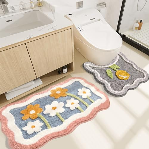 Bathroom Rug Set 2 Piece, Soft Pink Cute Bath Mat and U-Shaped Contour Toilet Rug, Absorbent Microfiber Plush Bath Rug Set, Non-Slip Bath Carpet, Machine Washable, 32x20 Plus 22x20