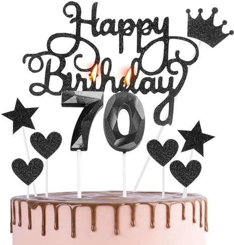 HONGCI Happy 70th Birthday Cake Topper & Birthday Candles Black Number 70 Candles for Birthday Cake - 70th Birthday Candles Cake Cupcake Topper Birthday Cake Decorations for Women Men Birthday Black