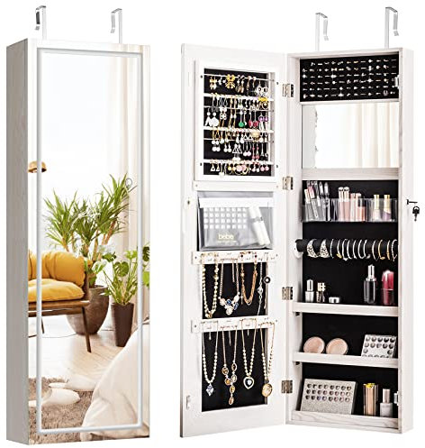 GOPLUS Armoire à Bijoux avec Miroir, Organisateur de Bijoux Mural avec Étagère de Rangement, Serrure, Lumière LED, Écran Tactile, pour Maquillage, Cosmétiques, Boucles d'Oreille