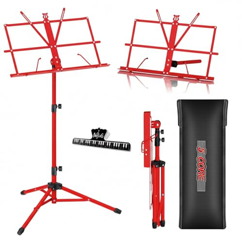 5 CORE Music Stand Height Adjustable Desktop Book Stands Portable Sheet Holder All Metal Bookstand Foldable Atril Para Partituras w Carrying Bag & Clip Red - MUS FLD RED
