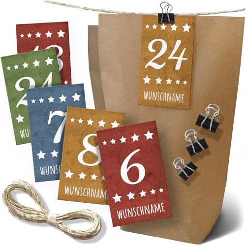 Großes Adventskalender Set PERSONALISIERT mit Wunschname - mit je 24 Tüten, Zahlen-Karten, Klammern und 5m Kordelband - Bunte Zahlen für Kinder Weihnachtskalender Weihnachten