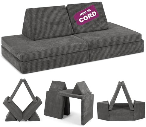 Linodino® Spielsofa Cord - Kindersofa | Schaumstoff Bausteine - Kinder Sofa für einen aufregenden Indoor Spielplatz | XXL Kindercouch als Kuschelecke im Kinderzimmer, mit Schlaffunktion | Nashorn Grau