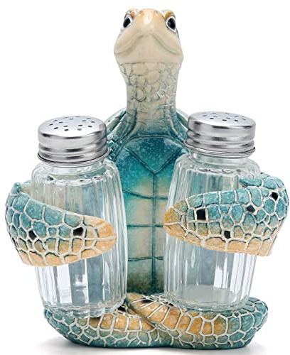 Hodao Meeresschildkröte mit Salz- und Pfefferstreuer, Figuren, Dekorationen, Schildkröten-Set mit Halter, Figur für Strandbar oder tropische Küche, Dekoration, Schildkröte, Tischdekorationen für