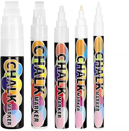 liuchanghe Weiße Kreidemarker, 5er-Pack Weiß Kreidestifte für Fenster & Tafel Abwaschbar, Weißer Flüssigkreidestift für Fenster, Tafel, Glas, Spiegel (1mm, 3mm, 6mm, 10mm und 15mm)