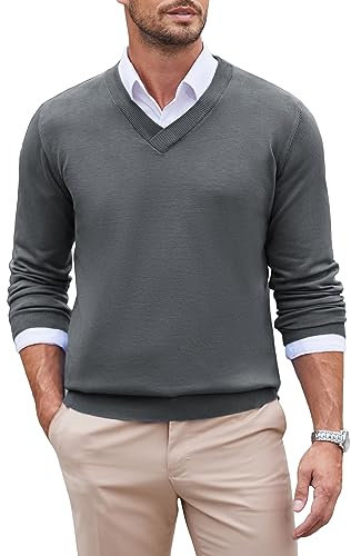 COOFANDY Herren Pullover V Ausschnitt Strickpullover Langarm Feinstrick Pullover Business Pullover Modern Fit Winterpullover Warmer Sweater Einfarbig Grau XXL