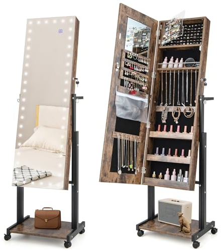 COSTWAY Schmuckschrank mit Rollen, 4 in 1 Spiegelschrank mit 3-farbig LED Leuchten & verstellbarer Höhe, Schmuckregal abschließbar mit Ganzkörperspiegel & Stützstange, 46 x 36 x 175cm(Braun)