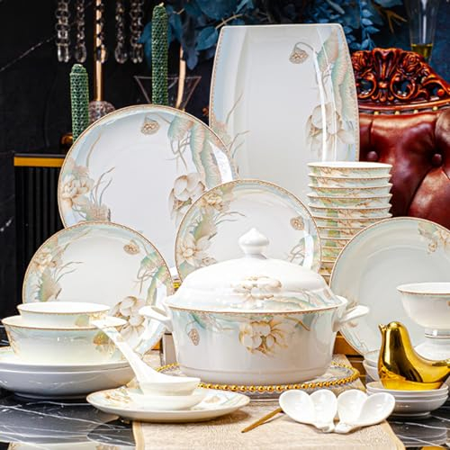 Ensemble de vaisselle de 56 pièces en porcelaine moderne de luxe - Ensemble de vaisselle de cuisine en céramique - Assiettes - Bol à riz - Assiettes - Cuillère - Baguettes - Assiette de poisson - Pot