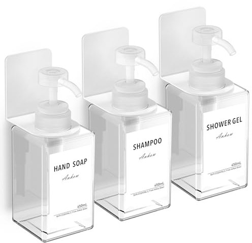Anhow 3 Pezzi Dispenser Sapone Bagno, Dispenser Doccia Muro 450 ml Senza Forare Dispenser Sapone con Etichetta per Bagno Doccia Cucina Shampoo e Bagnoschiuma - Trasparente