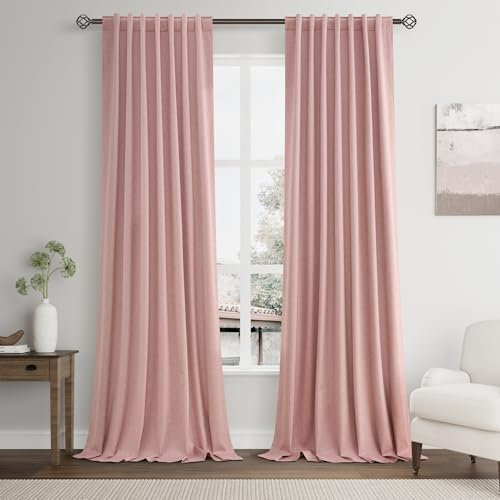 Rideaux occultants en lin pour chambre de fille et salon avec pattes arrière de style ferme, rideaux occultants à isolation thermique pour l'été, à énergie thermique, 132 x 274 cm, rose poudré