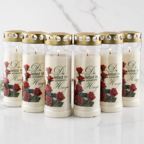 6er Set HOFER GRABKERZEN 7 Tage Brenndauer - Das Original [Rose] regenfest | Kerzen mit Deckel | Grablicht, Friedhofskerze mit Motiv | Kerzen für Grabdeko