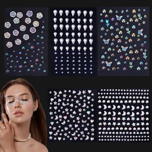 Andibro 5 Blätter Gesicht Glitzersteine Festival Accessoires, Nagel Augen Strass Aufkleber, selbstklebende Strass Edelstein Aufkleber für Halloween Make-up Festival Gesicht Nägel Körper