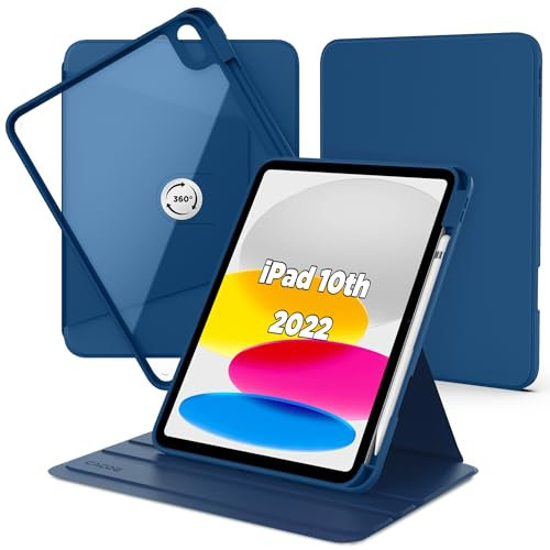 CACOE Funda Compatible con iPad 10.ª Generación/iPad 10.9 2022 (A2757/A2777),con Soporte para Pencil, Carcasa Soporte Rotación de 360 Grados Protectora Respaldo Clara, Mar Azul