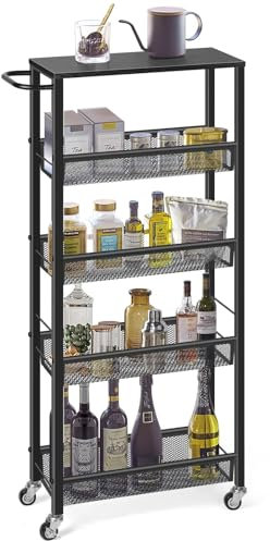 LIANTRAL 5 Ebenen Regalwagen mit Holzplatte, Schmaler Küchenwagen, Mehrzweck-Aufbewahrungswagen mit Rollen, 18 B x 42 T x 105 H cm, Einfach zu montieren für Küche Badezimmer Wohnzimmer, Schwarz