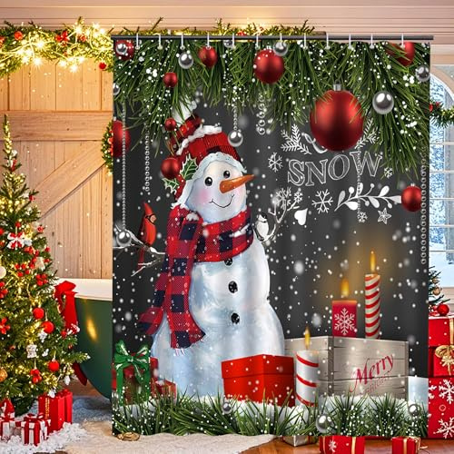 Figarge Weihnachts Duschvorhang Schimmelbeständig Badezimmer Vorhänge Wasserdicht Duschvorhang 100% Polyester Fenster Vorhänge mit 12 Haken (Rot, 180X200CM)