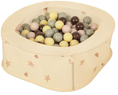Selonis Faltbarer Laufstall Für Kinder 81X81X28cm/100 Bälle Pop-Up Laufgitter Fröhliches Design Mit Sternen Und Herzen Leicht Zu Transportieren, Hellbeige: Pastellbeige/Grüngrau/Pastellgelb/Braun