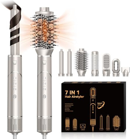 UKLISS 7 in 1 Pro Airstyler & Ionen Föhn [110,000RPM] High-speed Haartrockner Ionen Hair Dryer, mit Heißluft Lockenwickler Thermal Brush Haarglätterbürste Warmluftbürste Föhnbürste, 1200W/Gold