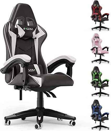 bigzzia Silla Gaming, Silla de Juegos, Silla de Ordenador, Silla de Oficina, Silla giratoria Resistente, diseño ergonómico con cojín y Respaldo reclinable (Blanco)