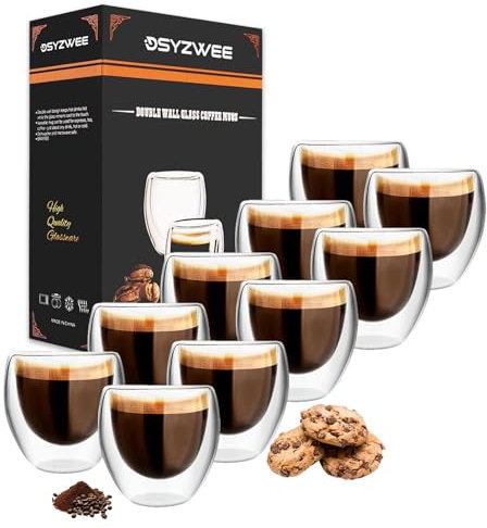 DSYZWEE Doppelwandiges Thermoglas Espresso, Espressotassen Glas, 10er-Set Doppelwandige Thermo-Gläser, 80 Ml Doppelglas Cappuccino Gläser, für Latte, Iced Americano, Milch