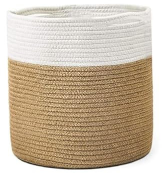 huipinghu 20cm Cotton Woven Plant Pot | Breathable Indoor Planter Basket for Potted Plants | Built-in Handles - 20x20cm for Boho Home Decor & Herbs (White+Yellow)
