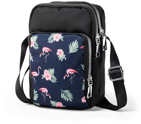 LaRechor Petit Sac Bandoulière Femme en Tissu Pochette Telephone Portable de Fille Sacoche Femme Bandoulière Flamant Rose, 3 Poches Zippées