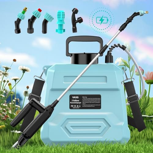 Battery Powered Garden Sprayer 2 Gallon, 7.4V Powerful Electric Sprayer, Weed Yard Lawn Sprayers with 5 Mist Nozzles & Retractable Wand & Adjustable Strap for Lawn, Garden, Yard