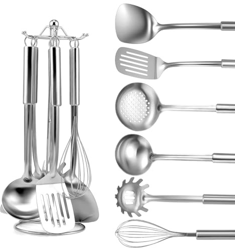 Gymdin Set di 7 utensili cucina acciaio inox - con manico appendibile, utensili da cucina con spatola, paletta, mestolo, schiumarola, frusta, servipasta, portautensili, lavabile in lavastoviglie