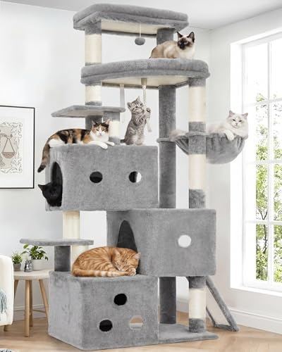 Heybly Arbre à Chat 188cm Géant avec 3 Cabanes Superposées et Grande Plateforme, Grattoir sur Pieds Stable avec Sisal Naturel et Rampe, Meuble pour Chat Intérieur, Gris Clair HCT061W