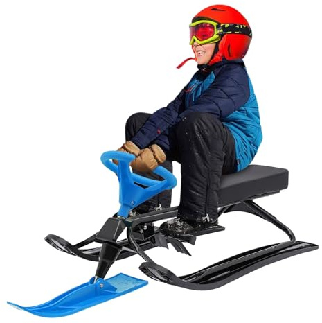 Lenkschlitten mit 2 Fußbremsen, Schlitten mit Lenkrad für Kinder ab 7 Jahren und Erwachsene, Max. 100 kg,Kinderschlitten Skibob Kufenschlitten,114 x 50 x 38cm (Schwarz+Blau)