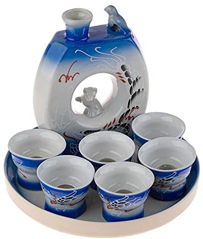 lachineuse - Service à Saké Femme Dénudée - avec 6 Bols Saké, Carafe & Plateau - Verres à Saké Japonais - Idée Cadeau Coquin Chinois - Service Saké Traditionnel Porcelaine Japon - Bleu