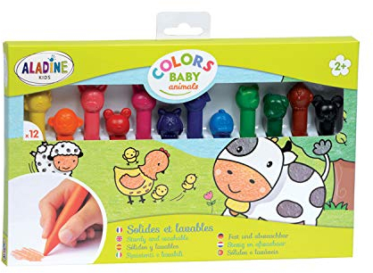 Aladine 3042015 Wachsmalstifte mit Tierköpfen, 12 verschiedene Farben und Tiere, für Kinder ab 2 Jahren