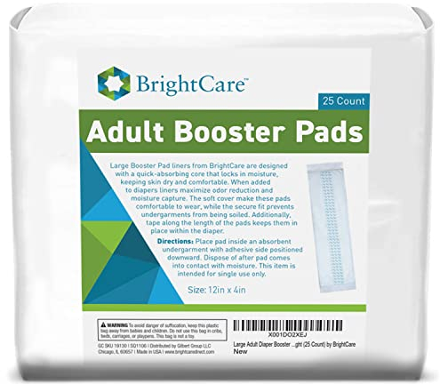 Adult Diaper Booster Pad Liner Insert with Adhesive for Men or Women (Large Size) - 16 Ounce Absorbent Day and Night Doubler (25 Count) by BrightCare