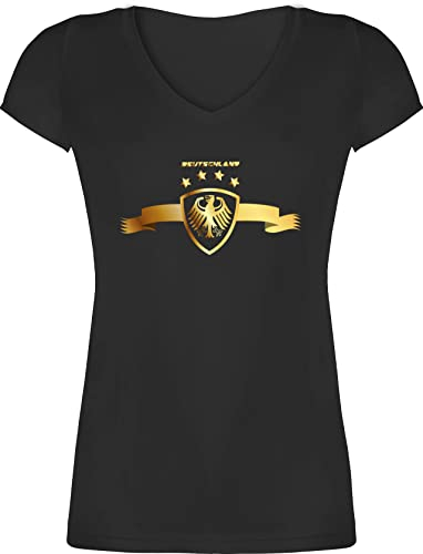 T-Shirt Damen V Ausschnitt - Fußball EM WM - Deutschland Adler Germany - M - Schwarz - Deutschland-t-Shirt fußball-Fanartikel Europameisterschaft deutsche Shirts deutschlandtrikots fußballtrikot