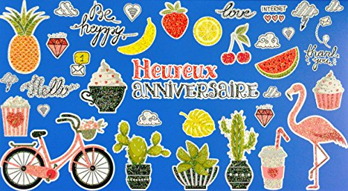 afie 69-4205 Happy Birthday Karte Glitzer Flamingo Wassermelone Erdbeere Zitronen Kirsche Banane Ananas Vitamin Kaffee Tee Getränk Muffin Natur Kaktus Popcorn Diamant Blatt Palme