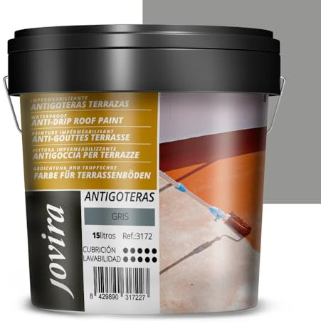 JOVIRA PINTURAS Impermeabilizante Antigoteras, Terraza Antigoteras Caucho Elástica, pintura de terrazas, evita filtraciones en todo tipo de cubiertas y terrazas. (15 Litros, Gris) A-50B