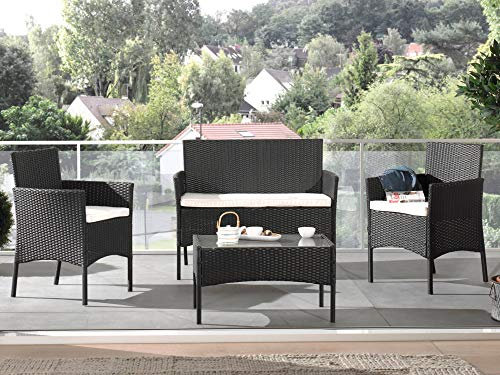 Bestmobilier - Marbella - Salon Bas de Jardin 4 Places - en résine tressée - Noir avec Coussins Beiges, Noir/Blanc
