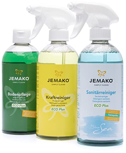 Jemako - Kraftreiniger ECO Plus (500ml) - Sanitärreiniger (500ml) - Jemako Bodenpflege ECO Plus (500ml) - inkl. Sinland Microfasertuch & 2 x Schaumpumpe