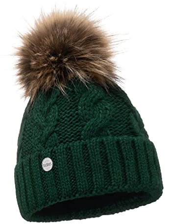ELIMELI® Winter Mütze Damenmütze mit Fell-Bommel Fleece Innenfutter gefüttert - warme Damen Bommelmütze Strickmütze - Wintermütze mit Kunstfell Bommel - Slouch Strick Beanie Made in EU (dunkelgrün)