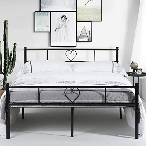IPOTIUS Small Double Metal Bed Frame Double Bed with 2 Heart-Shaped Headboard for Adults Children Teenagers fit for 120 x 190 cm Mattress, Black