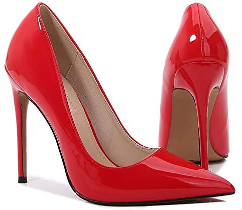 WOkismD Décolleté da donna in vernice sexy a punta con tacchi alti a spillo slip on abito da festa nuziale scarpe da ballo 12 cm, rosso, 38 cm