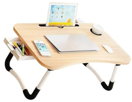 Tragbarer Laptoptisch, Frühstücksbrett, Tablet-Halter, Getränkehalter, praktische Schublade unter dem Tisch 60x40x27 cm Eiche hell