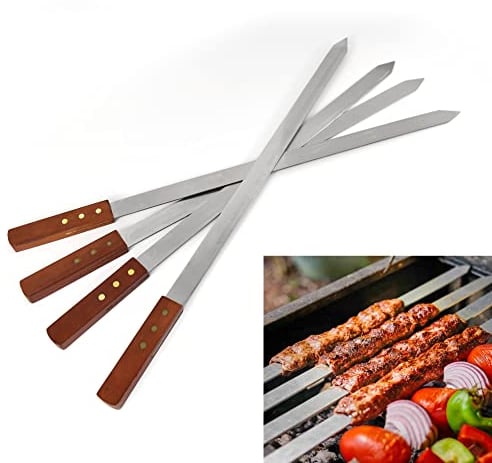 WARESHARK 4 pinchos planos de acero inoxidable, pinchos de barbacoa turcos grandes, resistentes y reutilizables, perfectos para kebab, kebob, shish, 24 mm de ancho