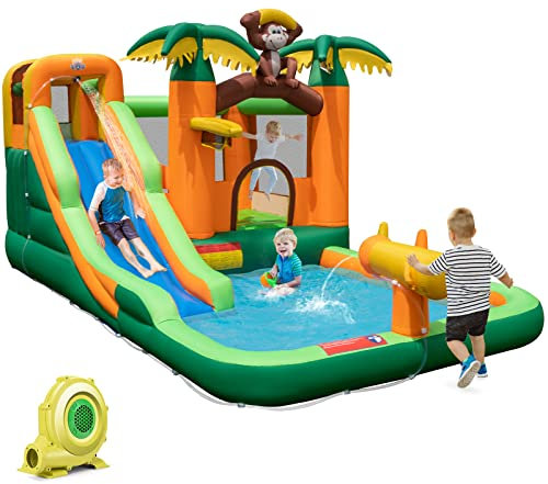 COSTWAY Castillo Hinchable Acuatico con Tobogán, 7 en 1 Castillo Hinchable Grande con Solplador para Niños 3-10 años, 460 x 285 x 230 cm, Saco y Agua, Insuflavel Crianças Interior Exterior