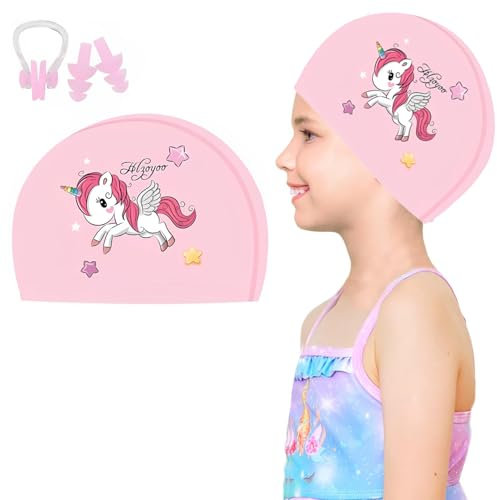 Norhogo cuffia piscina bambino, cuffia bambina piscina, cuffia piscina bambina silicone, cuffia nuoto, Elastico Impermeabile Antiscivolo con Tappi per Orecchie e Clip per Naso Unicorno