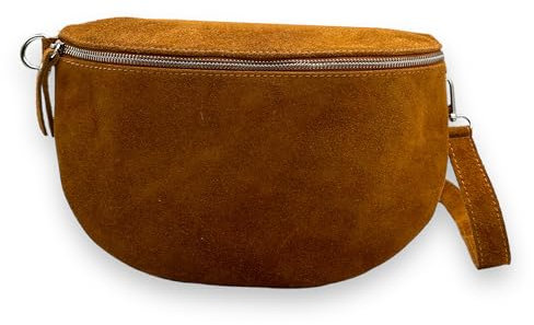 Wildleder Bauchtasche Damen XL Crossbody Bag Velours Gürteltasche Hüfttasche Bodybag Schultertasche Silberner Reißverschluss (Cognac)