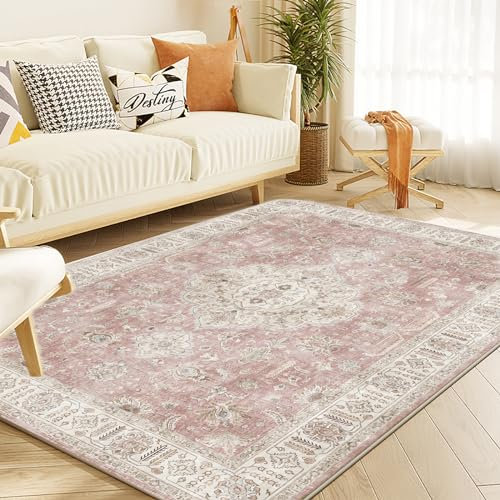 Yancorp Boho-Teppich für Schlafzimmer, rutschfest, waschbar, Vintage-Teppich, Wohnzimmer, fusselfrei, für Innenbereich, Schlafzimmer, Küche, Eingangsbereich, 150 x 200 cm, Rosa