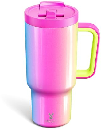 Meoky 32 oz Tumbler with Handle and Flip Straw, 100% Leakproof Tumbler with Lid and Straw, Stainless Steel Insulated Cup, Cupholder Friendly, Keeps Cold for 24 Hours (Carnival)