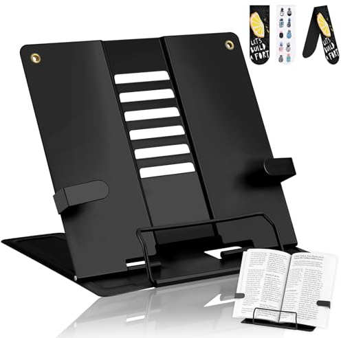 Support de Lecture Métal, Portable réglable Support Livre en métal, Support de Livre de Cuisine 6 Hauteurs Réglables, Pliable Porte-Livre pour Livres/Tablette/Recette/Manuel/Partitions, Noir