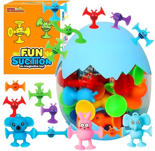Saugnapf Spielzeug Kinder 19 Stück Montessori Badespielzeug Ab 3 Jahre Silikon Reise Spielzeug mit Dinosauriereier Aufbewahrungs Kinder Sensorik Spielzeug für 3 4 5 6 7 8 Jahre Junge und Mädchen