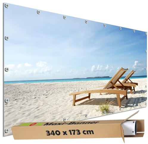 TRIOSK Große Motivplane Sichtschutz Zaunblende mit Motiv Strand Liegestühle Meer Motivbanner Garten Deko Plane Blickdicht für Zaun Terrasse Gartenzaun Zaunplane PVC 340x173 cm